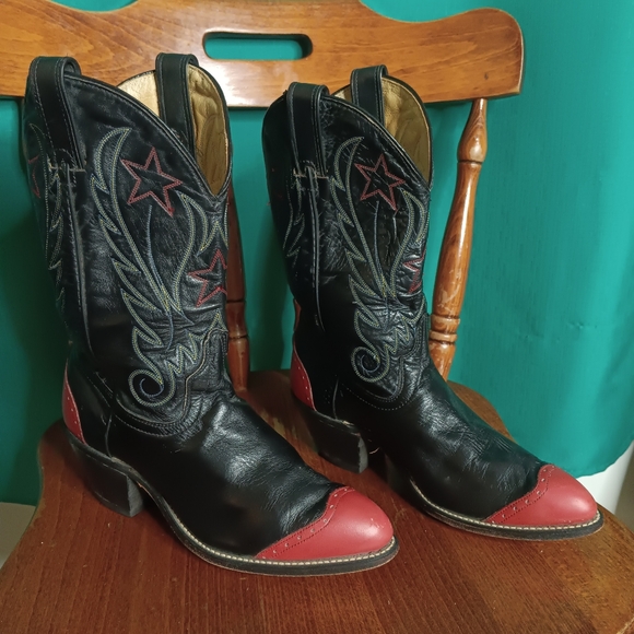Unbranded Shoes - SOLD 90s Vintage Womens Mid Calf Red & Black Star Western Cowboy Boot USA Sz 7